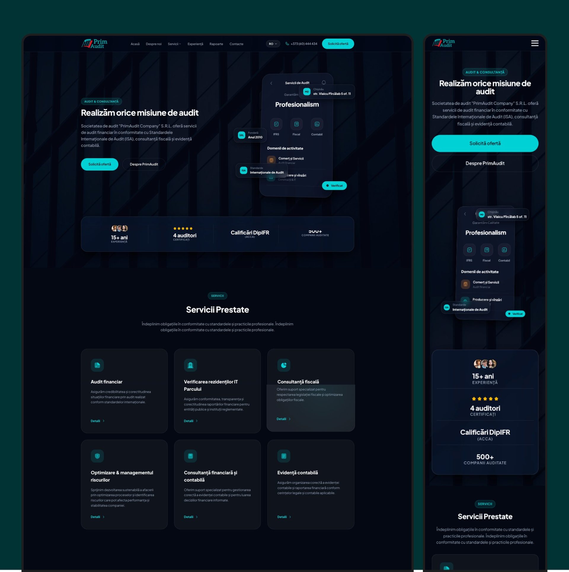 Layout complet landing page PrimAudit cu secțiuni de rapoarte oficiale și istoric.