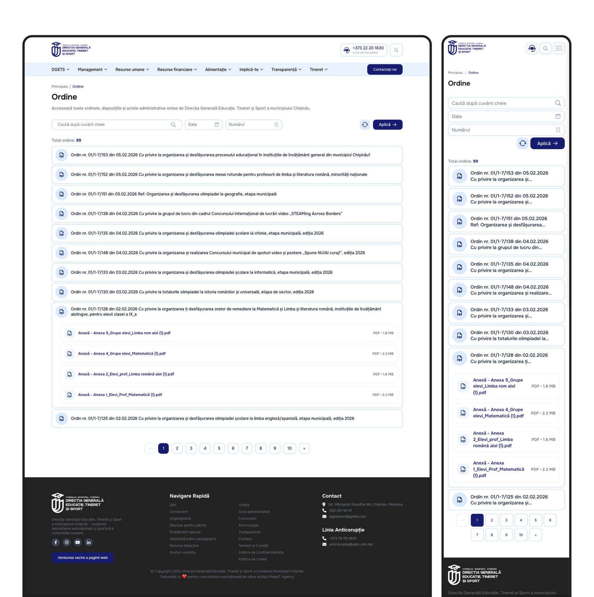Sistem de gestionare a documentelor oficiale și ordinelor DGETS cu filtre avansate.