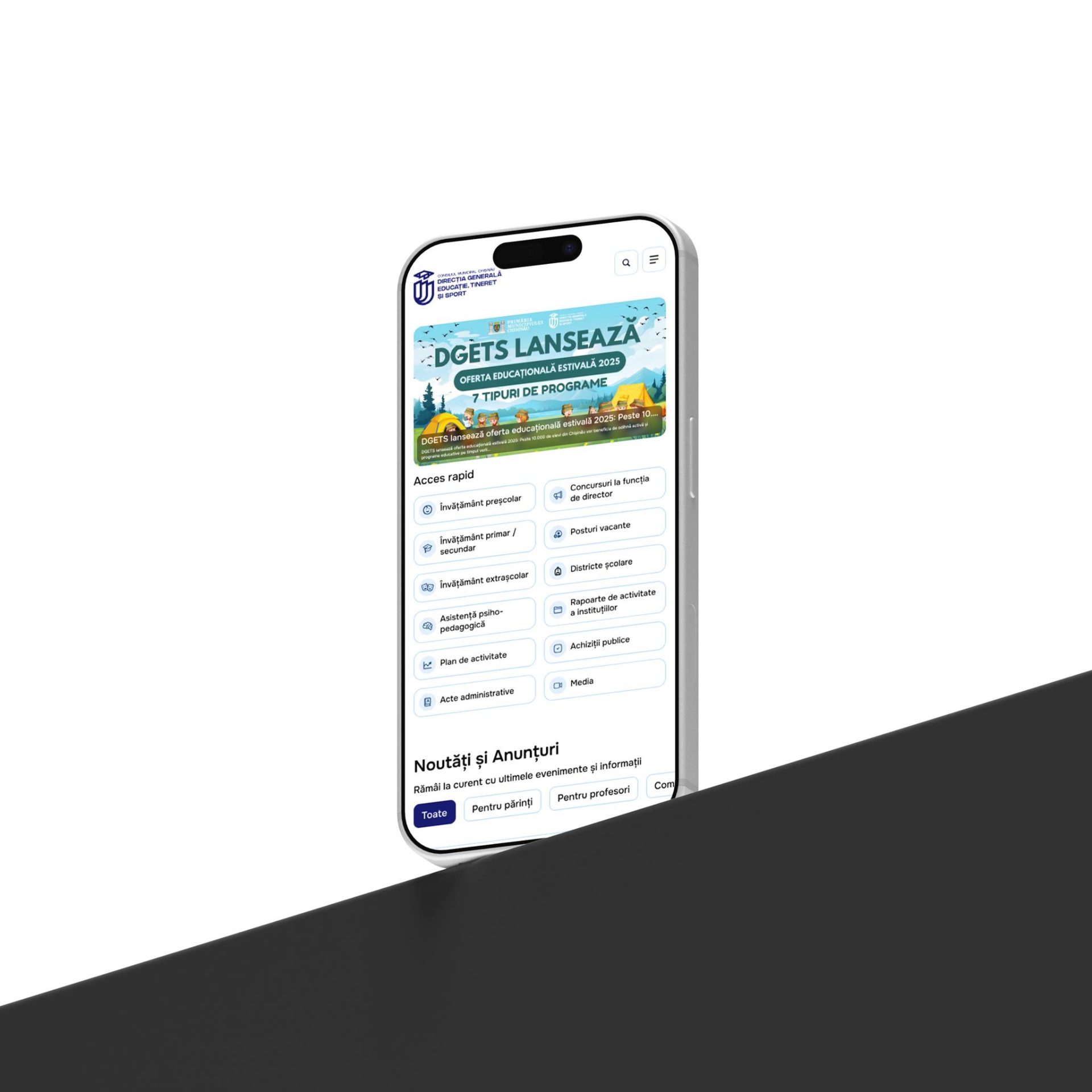 Versiune mobilă a site-ului DGETS.md optimizată pentru smartphone.