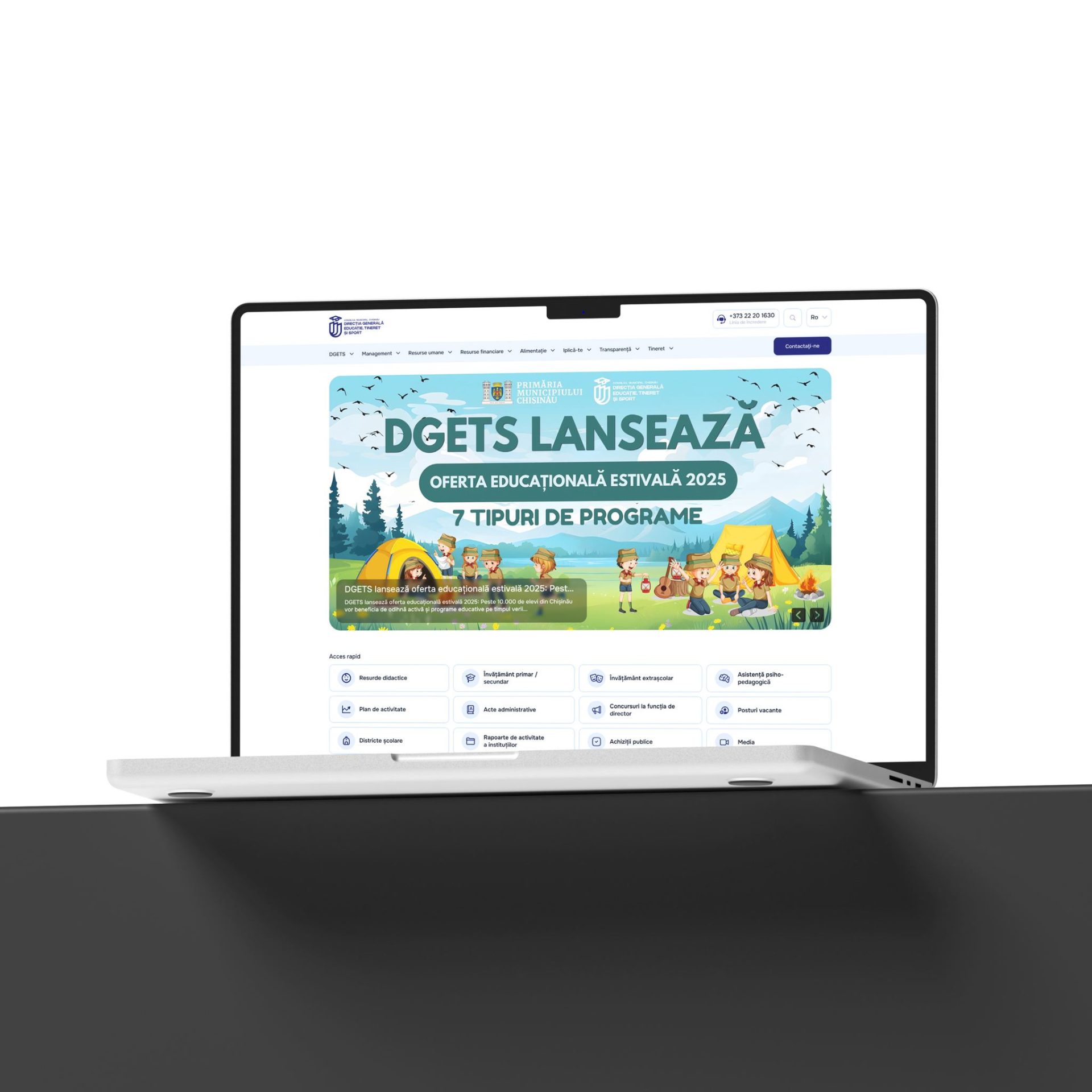 Interfață principală site DGETS.md cu secțiune de noutăți și resurse educaționale.