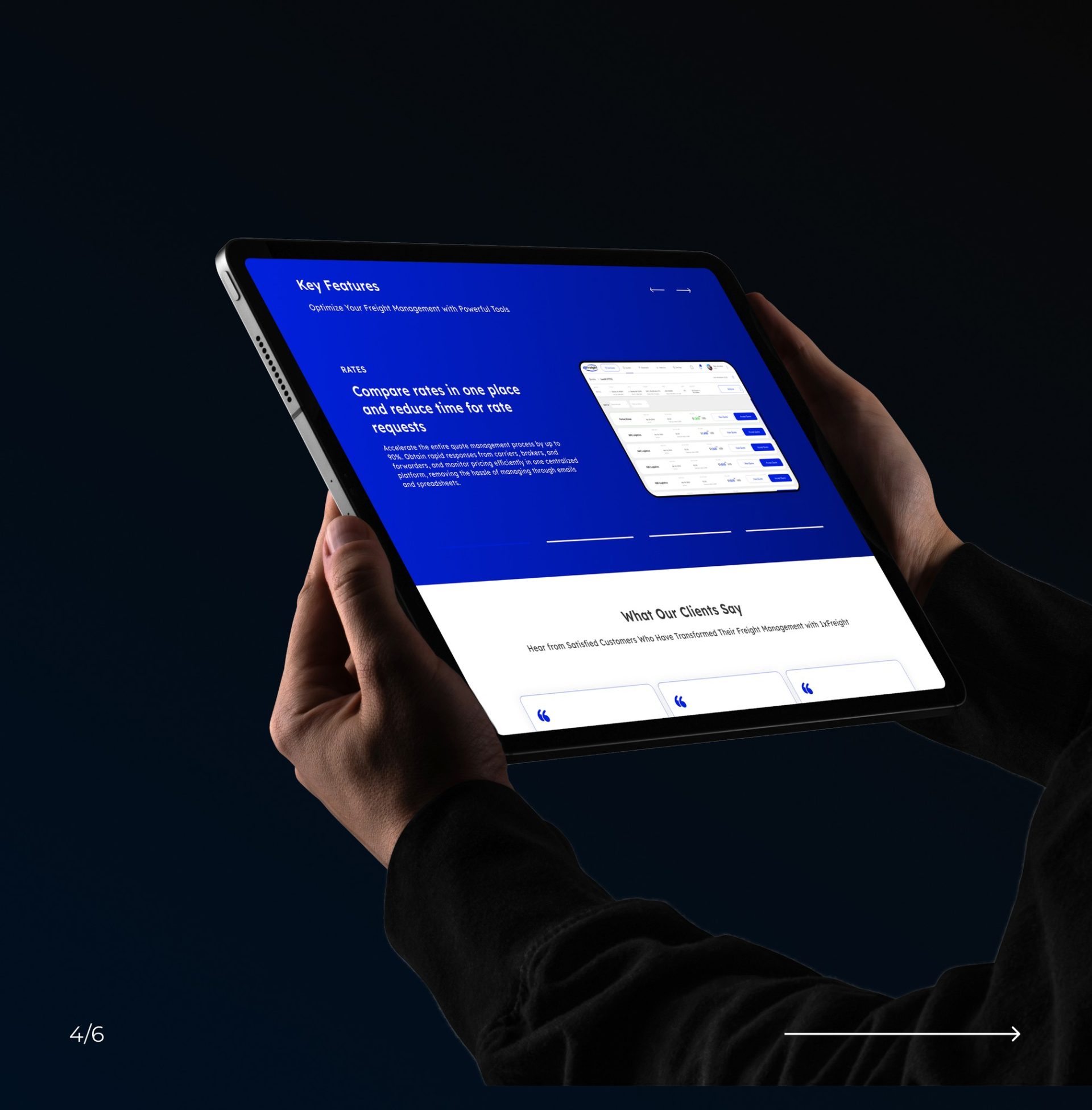 Secțiune Key Features și recenzii clienți pe tableta XFreight.