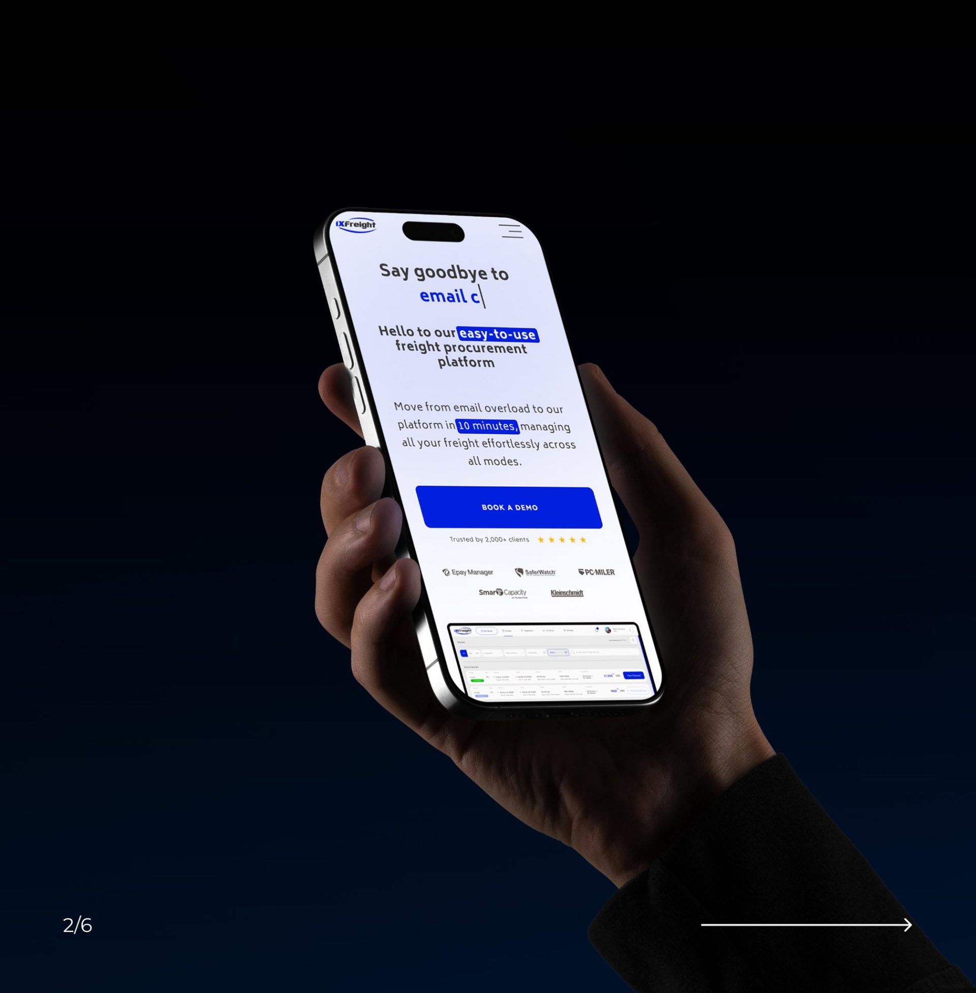 Interfață mobilă 1XFreight pentru gestionarea achizițiilor de transport de marfă.