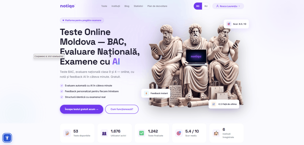 Pagina de pornire notiqo.io cu titlul Teste Online Moldova — BAC, Evaluare Națională, Examene cu AI și o grafică conceptuală cu statui grecești utilizând tehnologie (laptop și tabletă).