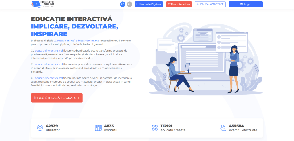 Panoul de control al profesorului pe educatieinteractiva.md, prezentând modul de creare și adaptare a exercițiilor pornind de la curriculumul național din Republica Moldova.