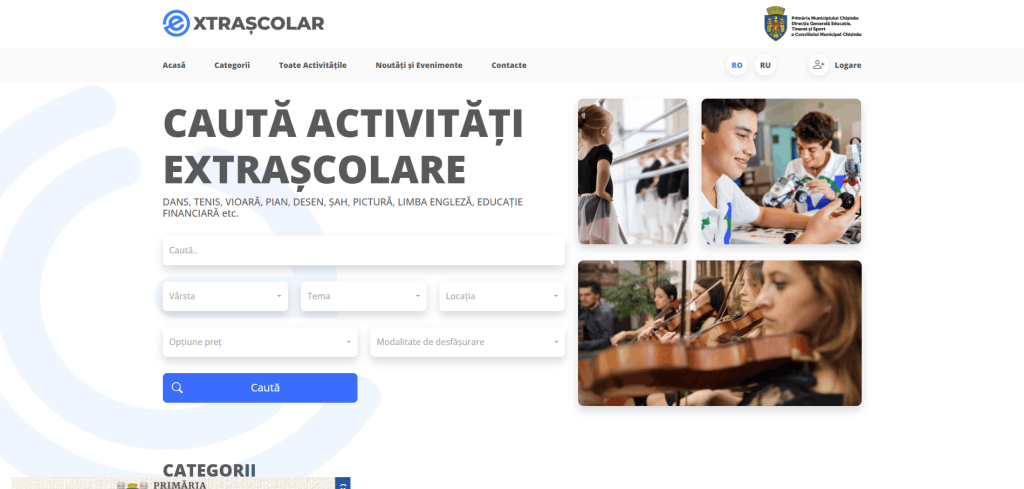 Pagina principală a platformei extrascolar.md cu titlul Caută activități extrașcolare și filtre de căutare pentru vârstă, temă, locație, opțiune preț și modalitate de desfășurare.