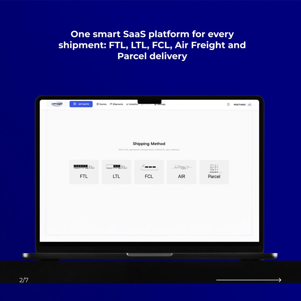 Interfață platformă SaaS logistică pentru selectarea metodelor de transport: FTL, LTL, FCL, Air Freight și Parcel.
