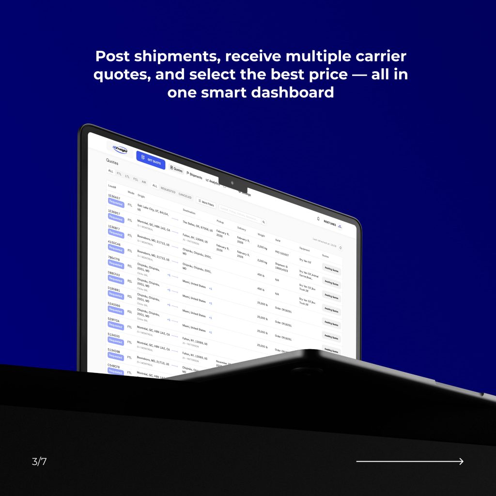Panou de control logistic afișând cotații de preț de la mai mulți transportatori într-un dashboard inteligent.