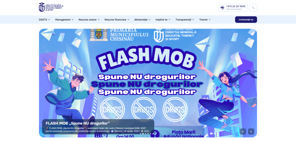 Screenshot al paginii principale chisinauedu.dgets.md, portalul oficial de coordonare pentru cele 333 de instituții de învățământ, înscrieri online în clasa I și transparență bugetară în Chișinău.