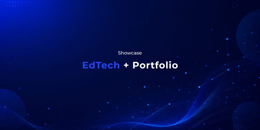 Imagine de copertă cu textul Showcase EdTech + Portfolio pe fundal albastru închis cu elemente grafice tehnologice și rețele de conexiuni, reprezentând ecosistemul de platforme educaționale MakeIT în Republica Moldova.